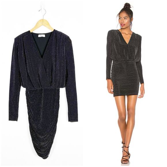 Bailey 44 Night Fever Sparkle Mini Dress Small Black  Long Sleeve Ruched Stretch - Picture 1 of 14